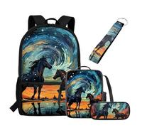 UOIMAG Mochila escolar y lonchera para niños, 4 piezas, mochila ligera con estuche y llavero, Horse Galaxy, Talla única, Juego de mochila escolar