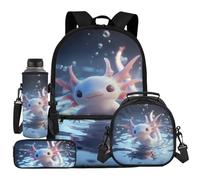 UOIMAG Mochila escolar y lonchera para niños con soporte para botella de agua, estuche para lápices, 4 piezas, Axolotl Water Print, Talla única, Juego de mochila escolar