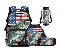 UOIMAG Mochila para niños para la escuela primaria con lonchera 4 en 1, juego para niñas, Bass Fish Bandera de EE. UU, M, Casual