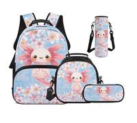 UOIMAG Mochilas para niñas de 6 a 11 años, bolsa de libros de 17 pulgadas con fiambrera, juego 4 en 1 para niños con correa acolchada, Axolotl Cherry Blossom, M, Casual
