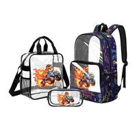 UOIMAG Mochilas transparentes para niñas con lonchera de 6 a 8 niños con bolsillos laterales para la escuela, Dino Tractor Fire, L, Casual