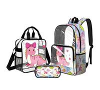 UOIMAG Mochilas transparentes para niñas con lonchera de 6 a 8 niños con bolsillos laterales para la escuela, Dino con lazo, L, Casual