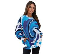 UOIMAG Sudadera estilo hippie de los años 70 para mujer, con cuello redondo, de gran tamaño, con bolsillos, Azul Swirl Waves Flower, S