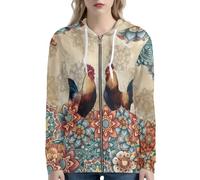 UOIMAG Sudaderas bohemias con cremallera para mujer, sudaderas florales, chaquetas ligeras con bolsillos, Rooster Mandala Blossoms, XS