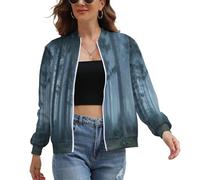 UOMSKTY Bomber Mujer Casual, Chaqueta Ligera Piloto Abstracto Plantas Elegante Con Cremallera, Niebla Bosque Pinos Abrigo Antiviento Urbano Para Primavera Y Otoño L