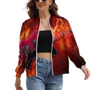 UOMSKTY Bomber Mujer Casual, Chaqueta Ligera Piloto País Instrumental Elegante Con Cremallera, Llamas Guitarra Abrigo Antiviento Urbano Para Primavera Y Otoño L