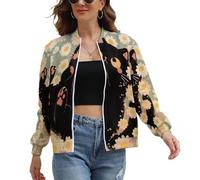 UOMSKTY Cazadora Antiviento Mujer, Bomber Ligero Piloto Margarita Flor Con Cremallera Y Bolsillos, Lindo Garabato Gato Chaqueta Casual Streetwear Entretiempo Primavera Otoño S