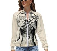 UOMSKTY Chaqueta para Mujer Bomber Ligera,Otoño Invierno Manga Larga cremalleras Estampado Corazón Mecánico Rose,Chaqueta de Piloto Steampunk Gótico,Cazadora Moda Casual Entretiempo Beige M