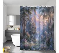 UOMSKTY Cortina de Ducha Paisaje del Valle para baño, Verde Tejido de poliéster Cortinas de Bañera con Estampada Río Flores Silvestres, Cortina Ducha Lavable a máquina con 12 Ganchos