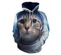 UOMSKTY Unisex Sudadera con Capucha 3D Astronauta Gato Planeta Gráfico Impresion, Sudaderas Espacio Animales Hoodie con Bolsillo, Azul Arte Suéter Cuello Redondo de Mangas Largas 5XL
