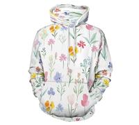UOMSKTY Unisex Sudadera con Capucha 3D Flores Silvestres Plantas Gráfico Impresion, Sudaderas Campos Flores Hoodie con Bolsillo, Blanco Arte Suéter Cuello Redondo de Mangas Largas XL