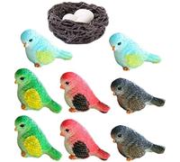 Uonlytech Nido de Pájaro en Miniatura 12 Piezas de Resina, Incluye 8 Pájaros Decorativos en Colores Rojo, Azul, Verde y Café, 1 Nido y 3 Huevos, Adorno para Micropaisajes y Decoración