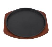 Uonlytech Plato de Hierro Fundido para Bistec de 25 Cm Base de Madera, Sartén Grueso Antiadherente para Barbacoa y Cocina en Casa, Adecuado para Cocinar Carne, Pescado y Parrilla Eléctrica