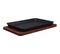 Uonlytech Sartén Cuadrada de Hierro Fundido 23,2x17,5 Cm para Fajitas y Barbacoa con Base de Madera, Placa Antiadherente para Cocinar Carne, Pescado y Verduras en Cocina Doméstica