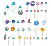 UOPJDD 4 Conjuntos De Insertos De Tarjetas Temáticas De Planeta Y 3 Piezas Adornos De Astronautas, Decoraciones De Pasteles, Suministros De Fiesta De Cumpleaños con Temática Espacial.