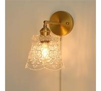 UOPYNE French Glass Wall Mount Light Vintage Sconce with Pull Chain Switch Modern Bedroom Bedside Lamps With Brass Base E26/E27 for Bathroom Mirror Porch Garage