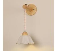 UOPYNE Nordic Modern White Ceramic Wall Sconce with Wood Mount Hardwired Light E26 E27 Base for Bedroom Bedside Living Room Lighting Fixture