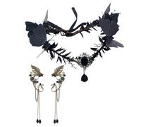UOSIA Negro 3D Mariposa Corona Elfo Orejas Conjunto Bosque Tiara Hada Banda De Cabeza Con Colgante De La Frente Mujer Halloween Elfos Cosplay Conjunto Accesorios Para El Pelo