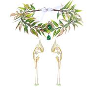 UOSIA Orejas De Hadas Con Corona De Elfos Madero Tiara Banda De Cabeza Con Oro Oreja De Elfos Verde Cristal Princesa Corona Para Halloween Cosplay Sesión Fotográfica Boda