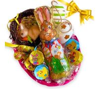 Uova Di Pasqua 2024 - Cesto Vimin+ Orsacchiotto Tartaruga + Uova Decorative Colorate,Ramo Di Fiori Bianchi+ 25gr Gold Bunny E Mix Di Cioccolatini Al Latte,Cereali,Fondente 200gr