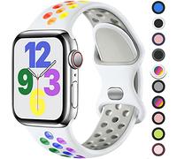 Upeak Silicona Correa Compatible con Correa Apple Watch 44mm 45mm 46mm 42mm 49mm, Pulsera Transpirable con Hebilla de Doble Agujero para iWatch Series 10 9 8 7 6 5 4 3 2 1 Ultra SE, L, Blanco/Arcoíris