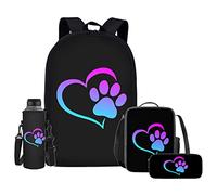 Upetstory Juego de 4 mochilas escolares para niños con bolsa de almuerzo, estuche y funda para botella de agua, Estampado de huellas de perro, Mochilas daypack