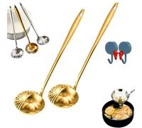 Upgrade Stainless Steel Strainer Ladle, 2 in 1 Soup Strainer Separates Liquids, Hot Pot Dual Purpose Colander Soup Ladle for Cooking and Straining for Homes and Restaurants (2*Gold)