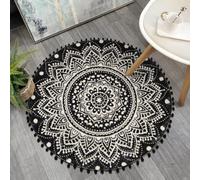 Uphome Alfombra Redonda Bohemia para Dormitorio, 3 pies, diseño de Mandala Circular, Color Negro, Alfombra de baño con Pompones y Flecos, Lavable, Antideslizante, Suave, para Entrada, Sala de Estar,