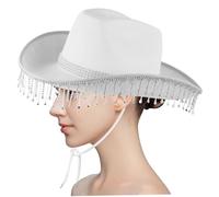 Upiulote Drinestone Cowboy Hat Rhinestone Fringe Bride Cowgirl Sombrero Glitter Cowboy for Women Cowgirl With Bin Strap Disco Boded para regalo, disfraz de Halloween White Rin