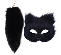 Upiulote Máscara de gato y juego de cola therian máscara de peludo ＆ 16 '' Long Fox Tail Keychain Half Face Masquerade para cosplay Fancy Party Black