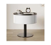 UPJAKS Mesita de noche redonda con cajón, moderna mesa auxiliar de madera maciza con patas de metal, mesita de noche de piel, mesa auxiliar pequeña para sala de estar y dormitorio