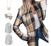 Upliftjoys Woolen Street Style Plaid Slim Fit Jacket, Women'S Solid Color Pocket Long Sleeve Open Front Coat, Jacket (Khaki Plaid,L)