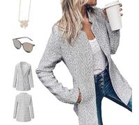 Upliftjoys Woolen Street Style Plaid Slim Fit Jacket, Women'S Solid Color Pocket Long Sleeve Open Front Coat, Jacket (Light Gray,M)