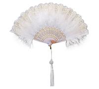 Uposao Abanico de plumas de los años 20, abanico de plumas de marabú bordado vintage, abanico de plumas de boda, abanico de mano plegable para Halloween, espectáculo de baile, fiesta de té, decoración