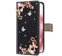 Uposao Compatible con Galaxy A71 Funda Piel Cuero Cubierta Protectora, Brillar Bling Glitter Strass Diamant Mariposa Premium Flip Wallet Cuero Carcasa Case para Galaxy A71,Negro