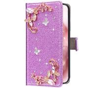 Uposao Compatible con Galaxy A71 Funda Piel Cuero Cubierta Protectora, Brillar Bling Glitter Strass Diamant Mariposa Premium Flip Wallet Cuero Carcasa Case para Galaxy A71,Púrpura