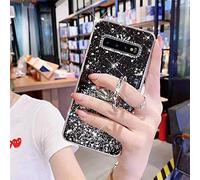 Uposao Compatible con Galaxy S10 Plus Funda Purpurina Glitter Estrellas Diseño con Anillo Soporte Móvil Brillante Bling Silicona TPU Funda Carcasa a Anti choque Antiarañazo Suave Funda,Negro