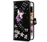 Uposao Compatible con Galaxy S20 Funda Cuero Ccarcasa Glitter Bling Strass Diamante Mariposa Flores Purpurina Brillante Funda Flip Wallet Piel Cartera Billetera Integral Funda,Negro
