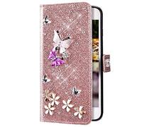 Uposao Compatible con Galaxy S20 Ultra Funda Cuero Ccarcasa Glitter Bling Strass Diamante Mariposa Flores Purpurina Brillante Funda Flip Wallet Piel Cartera Billetera integral Funda,Rose Gold