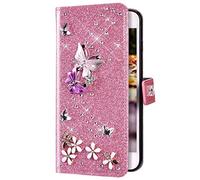 Uposao Compatible con Galaxy S20 Ultra Funda Cuero Ccarcasa Glitter Bling Strass Diamante Mariposa Flores Purpurina Brillante Funda Flip Wallet Piel Cartera Billetera integral Funda,Rosa