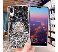Uposao Compatible con Huawei P20 Funda Purpurina Glitter Estrellas Diseño con Anillo Soporte Móvil Brillante Bling Silicona TPU Funda Carcasa a Anti choque Antiarañazo Suave Funda,Negro