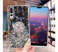 Uposao Compatible con Huawei P20 Pro Funda Purpurina Glitter Estrellas Diseño con Anillo Soporte Móvil Brillante Bling Silicona TPU Funda Carcasa a Anti choque Antiarañazo Suave Funda,Negro