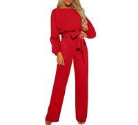 UPPJPBSW Mono Casual de Negocios para Mujer, Elegante con cinturón, de Pierna Ancha y Manga Farol, Conjunto de una Pieza para Ocasiones Formales,Rojo,XS