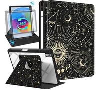 Uppuppy Funda para iPad de 10ª generación de 10.9 pulgadas con soporte para lápices para mujeres y niñas, bonita luna, sol, estrella, negro, estético, bonito soporte giratorio único para Apple iPad 10