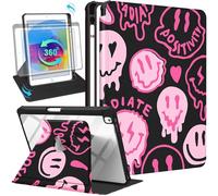 Uppuppy Funda para iPad de 9ª/8ª/7ª generación de 10.2 pulgadas con soporte para lápices, bonita funda giratoria para mujeres, niñas, niños, adolescentes, sonriente, rosa, soporte giratorio estético