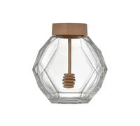 UPSTORE Tarro de miel de vidrio de 12 oz en forma de hexágono, recipiente de miel con dispensador de aire hermético transparente, con cucharón de madera y tapa para la cocina del hogar