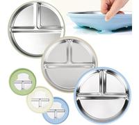 UptVin 3 Piezas Platos de Acero Inoxidable con Ventosa para Bebé, Platos Divididos Antideslizantes con Cubierta de Silicona Removible, Sin BPA, Apto para Lavavajillas (Azul, Verde, Beige)