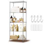 Uptyia Estanterias Almacenaje de 5 Niveles con 4 Ganchos, Estantería Metálica con Forros de PP, Estante Ajustable para Baño, 40D x 60W x 150H CM,Plata (40D x 60W x 150H CM)