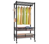 Uptyia Perchero Burro de 3 Niveles 75×34×184 cm, Perchero Ropa Resistente con Ruedas, Barra para Colgar y 2 Cestas Metálicas, Gran Capacidad, Perchero Multifuncional Negro