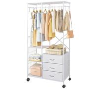 Uptyia Perchero Móvil con Ruedas, 3 Cajones y Estantes, 82x38x169 cm, Armario de Metal Blanco con Ganchos Ajustables (Blanco)